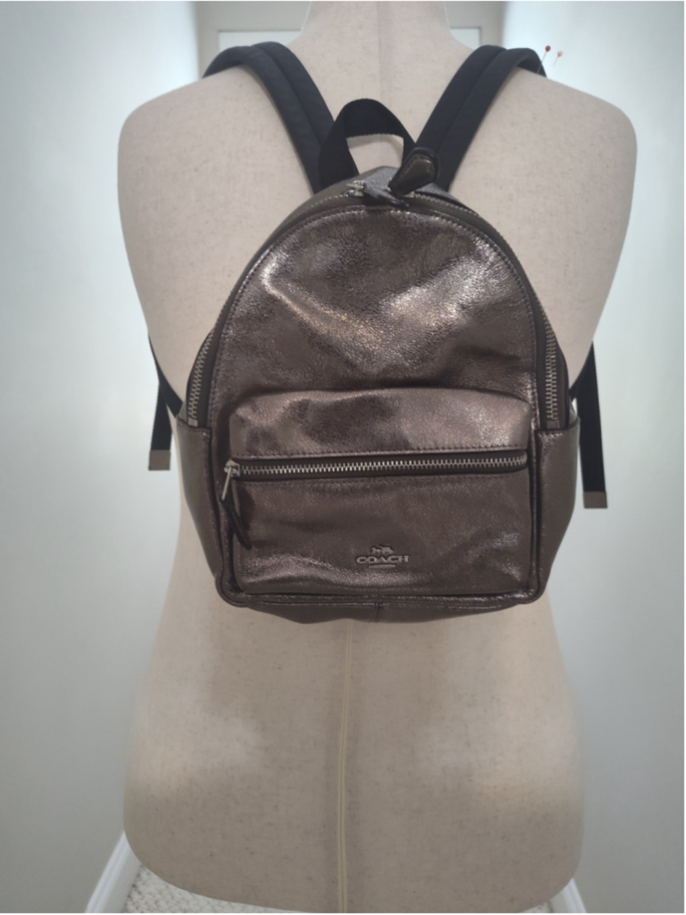 Women's Coach Metallic Silver and Black Mini Backpack